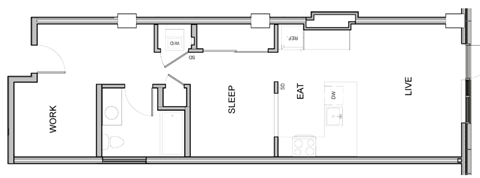 Floor plan for 1 bed, 1 bath, 735 sqft